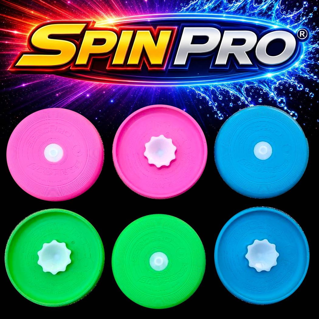 Spin Pro® Photos Pink, blue and green Spin Pro® discs showing the top SPIN ZONES™ and underside SPIN & SPLASH GRIP™.